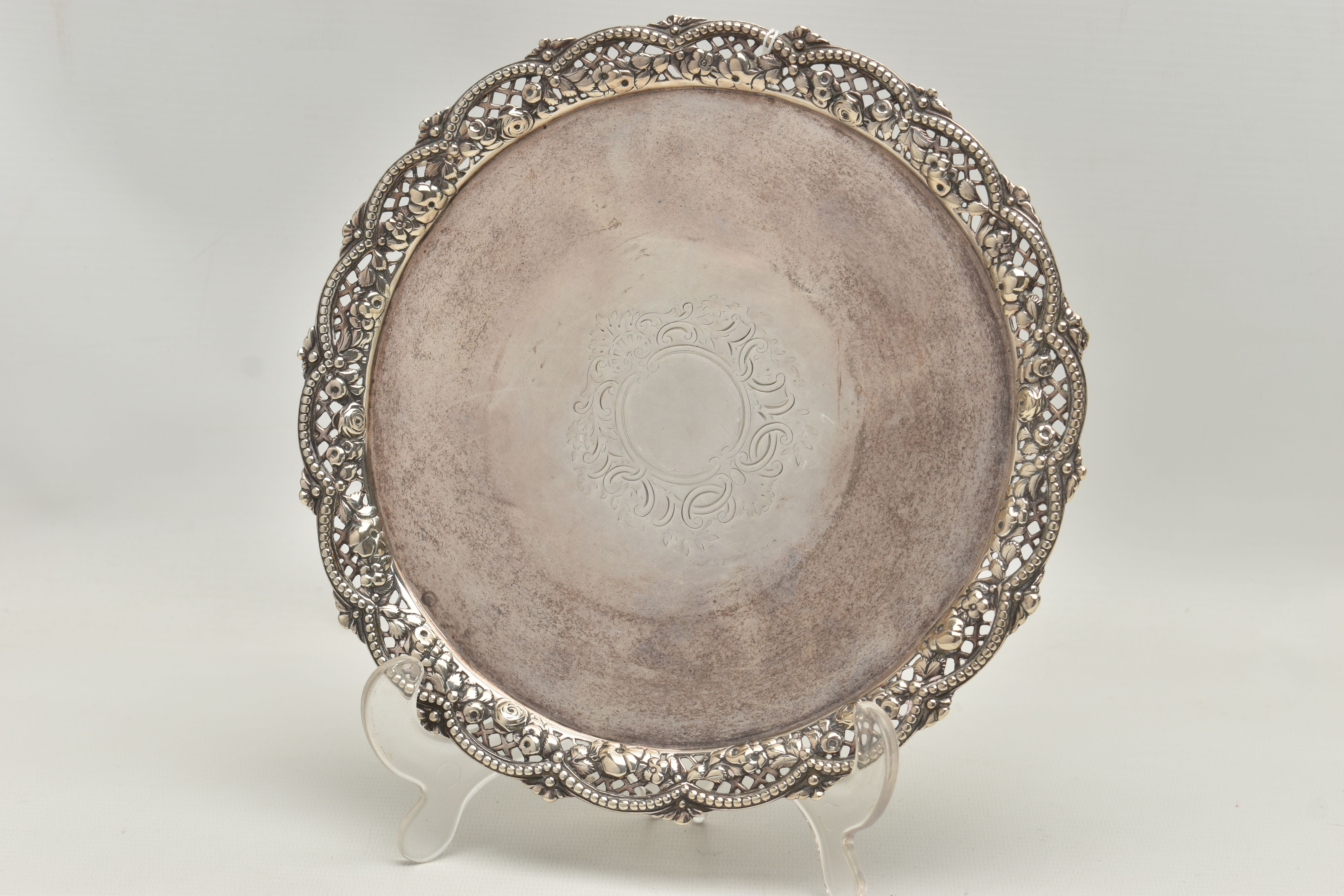 A VICTORIAN SILVER SALVER WITH A WAVY, BEADED, PIERCED AND FOLIATE CAST BORDER, worn foliate - Image 2 of 6