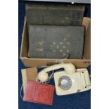 ONE BOX OF BOOKS AND VINTAGE PHONE, to include a cream converted B.T dial phone 8746G.DFM 84/2