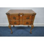 A QUEEN ANNE STYLE BURR WALNUT SIDE TABLE, with two drawers, on cabriole legs and scrolled feet,