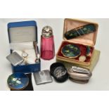 A BOX OF ASSORTED ITEMS, to include a 'Ronson' table lighter, two match stick cases, a 'Stratton'