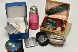 A BOX OF ASSORTED ITEMS, to include a 'Ronson' table lighter, two match stick cases, a 'Stratton'