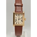 A 9CT GOLD 'W H WILMOT' WRISTWATCH, quartz movement, tank style case, rectangular gold glitter