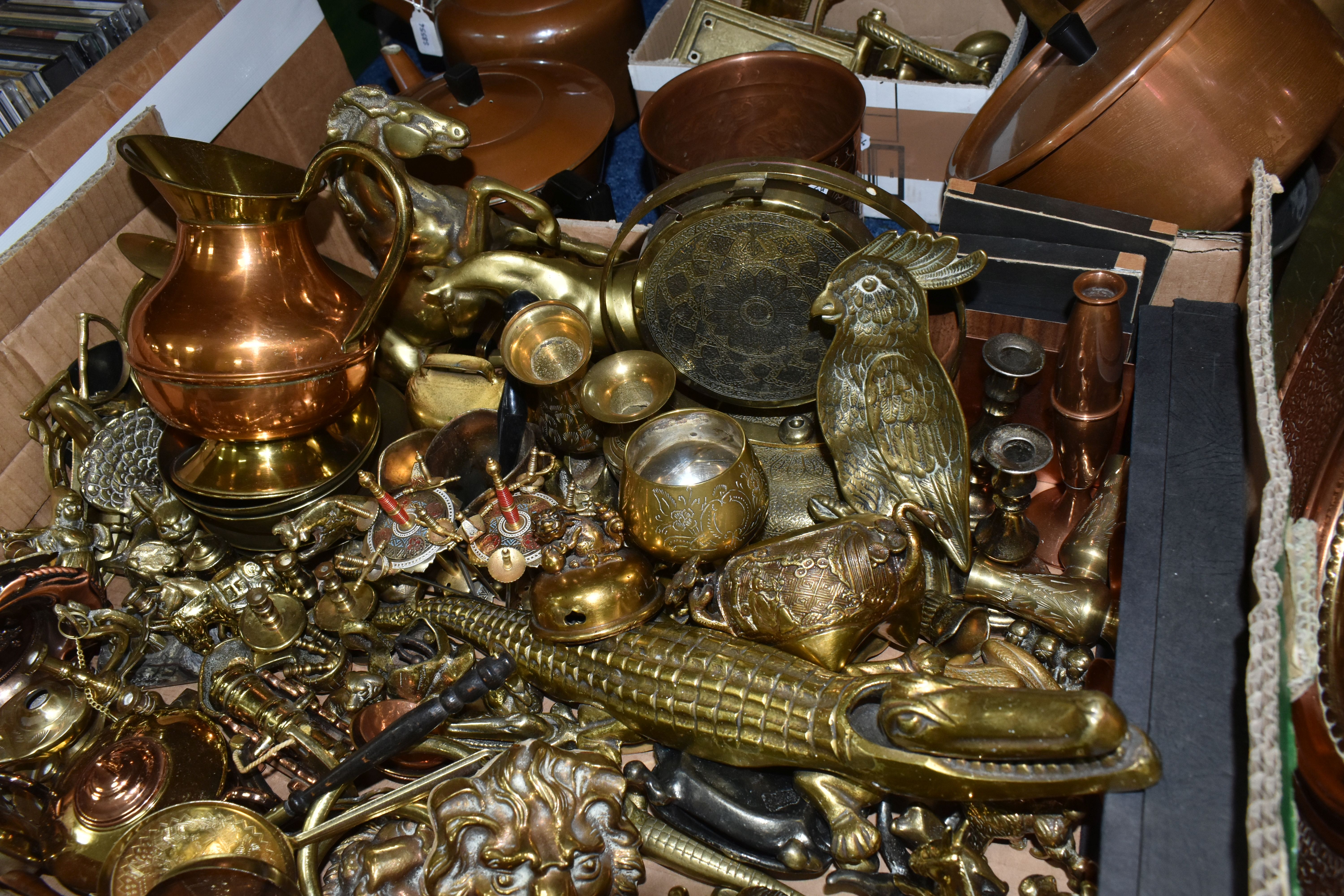 TWO BOXES AND LOOSE BRASS AND COPPER WARES, to include an art deco style copper teapot, kettle and - Image 3 of 9