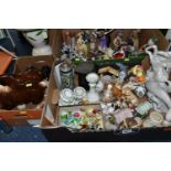 THREE BOXES AND LOOSE FIGURAL AND ANIMAL CERAMIC AND GLASS ORNAMENTS AND A MODERN JARDINIERE ON