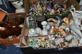 THREE BOXES AND LOOSE FIGURAL AND ANIMAL CERAMIC AND GLASS ORNAMENTS AND A MODERN JARDINIERE ON