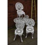 A WHITE PAINTED ALUMINIUM CIRCULAR GARDEN TABLE, diameter 76cm x height 70cm and four chairs (