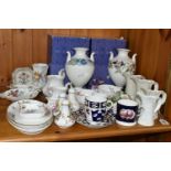 A GROUP OF CERAMIC GIFT AND TEA WARES, to include two boxed Wedgwood 'Victoria' shape vases, in