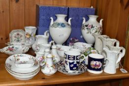 A GROUP OF CERAMIC GIFT AND TEA WARES, to include two boxed Wedgwood 'Victoria' shape vases, in