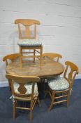 A PINE PEDESTAL TABLE, length 122cm x depth 77cm x height 74cm, and five beech chairs (condition