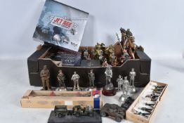 TWO BOXES OF ASSORTED METAL, RESIN AND WOODEN MILITARY FIGURES, including boxed Corgi Forward