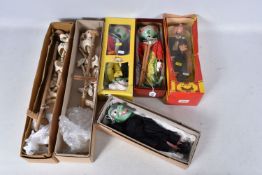 SIX BOXED PELHAM PUPPETS, SM Schoolmaster, SL Frog (x 2), SL Green Faced Witch and two LS