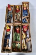 SIX BOXED PELHAM LS CLOWN PUPPETS, all in different costumes, all appear complete and in fairly good