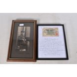 A GERMAN WWI BANK NOTE AND A PHOTO OF A SOLDIER, the bank note is framed and on one side says on a