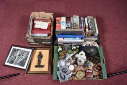 THREE BOXES OF CERAMICS, GLASS, METALWARE, BOOKS AND PICTURES COMMEMORATING MONTGOMERY OF ALAMEIN,