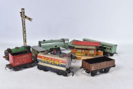 A QUANTITY OF UNBOXED AND ASSORTED O GAUGE MODEL RAILWAY ITEMS, to include a repainted tinplate