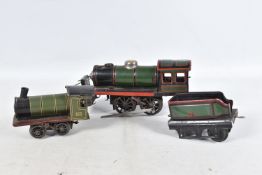 A KARL BUB TINPLATE CLOCKWORK 0-4-0 LOCOMOTIVE AND TENDER, green and black livery with red lining,