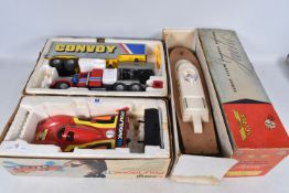 A BOXED VICTORY INDUSTRIES BATTERY OPERATED VOSPER TRIPLE SCREW EXPRESS TURBINE YACHT, appears