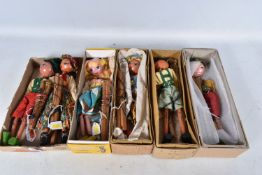 SIX BOXED PELHAM TYROLEAN GIRL AND BOY PUPPETS, all of the girls in different costumes, all appear