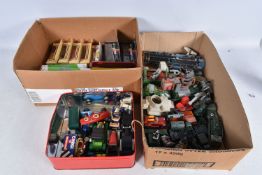 THREE BOXES OF BOXED AND UNBOXED DIECAST VEHICLES, to include Lledo, Mobil, Shell, Matchbox and