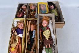 SEVEN BOXED PELHAM PUPPETS, SL Hansel (x 2) and Gretel, two other Gretel puppets, one with old