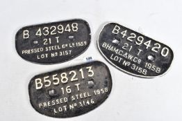 THREE B.R. D TYPE CAST IRON WAGON PLATES, all have been repainted, B429420, B432948 and B558213