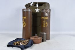 A QUANTITY OF VARIOUS MILITARY RELATED ITEMS, to include a petrol can, an oil can, a small spirit
