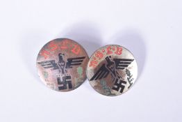 TWO GERMAN N.S.L.B pin badges, each one has a black eagle perched on a Swastika in Black and N.S.L.B