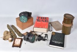 A SELECTION OF MILITARY ITEMS TO INCLUDE, two gas masks, one is badly damaged and the other is a