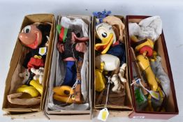 FOUR BOXED PELHAM WALT DISNEY PUPPETS, Mickey Mouse, Donald Duck, Pluto and Goofy, Mickey is missing