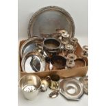 A BOX OF ASSORTED WHITE METAL WARE, to include a pair of silver on copper three branch candlesticks,