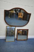 A MAHOGANY AND INLAID BEVELLED EDGE OVERMANTEL MIRROR, 106cm x 76cm, a gilt frame rectangular wall