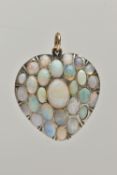 AN EARLY 20TH CENTURY HEART SHAPE OPAL CABOCHON PENDANT, set with mainly oval shape opals, length
