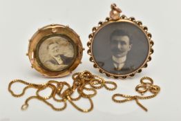 AN ASSORTMENT OF YELLOW METAL JEWELLERY, to include an early 20th century photo pendant, decorated
