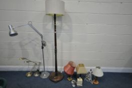 A SELECTION OF VARIOUS LAMPS, to include an oak standard lamp, an angle poise standard lamp, two