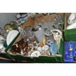 FIVE BOXES OF CERAMICS AND GLASSWARE, to include Royal Doulton 'Paisley' pattern dinner ware and