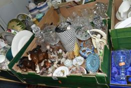 FIVE BOXES OF CERAMICS AND GLASSWARE, to include Royal Doulton 'Paisley' pattern dinner ware and