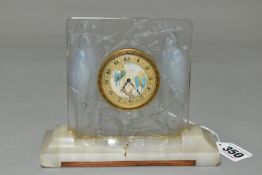 A RENE LALIQUE OPALESCENT INSEPARABLES GLASS EIGHT DAY CLOCK OF SQUARE FORM ON A WHITE MARBLE