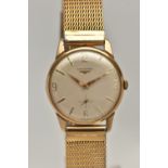 A BOXED GENTS 'LONGINES' 9CT GOLD WRISTWATCH, manual wind, round silvered dial signed 'Longines',
