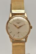 A BOXED GENTS 'LONGINES' 9CT GOLD WRISTWATCH, manual wind, round silvered dial signed 'Longines',