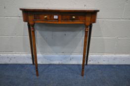 A BEVAN FUNNEL REPRODUX YEW WOOD SIDE TABLE, with two frieze drawers, on fluted legs, width 80cm x