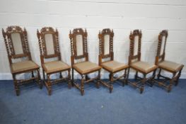 A SET OF SIX EARLY 20TH CENTURY FRENCH GOTHIC REVIVAL CHAIRS, with foliate carving to backrest,