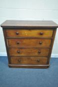 A VICTORIAN FLAME MAHOGANY CHEST OF THREE DRAWERS, the top fall front door is enclosing four slides,