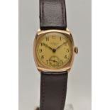 A MID 20TH CENTURY, 9CT GOLD WALTHAM WRISTWATCH, manual wind, round discoloured dial signed 'Waltham