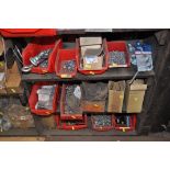 TWELVE PLASTIC TRAYS AND EIGHT BOXES CONTAINING ROPE STRAINERS, eye bolts, washers, S hooks, leather