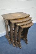 A REPRODUCTION CHINESE CARVED HARDWOOD QUARTETTO NEST OF FOUR TABLES, largest table width 67cm x