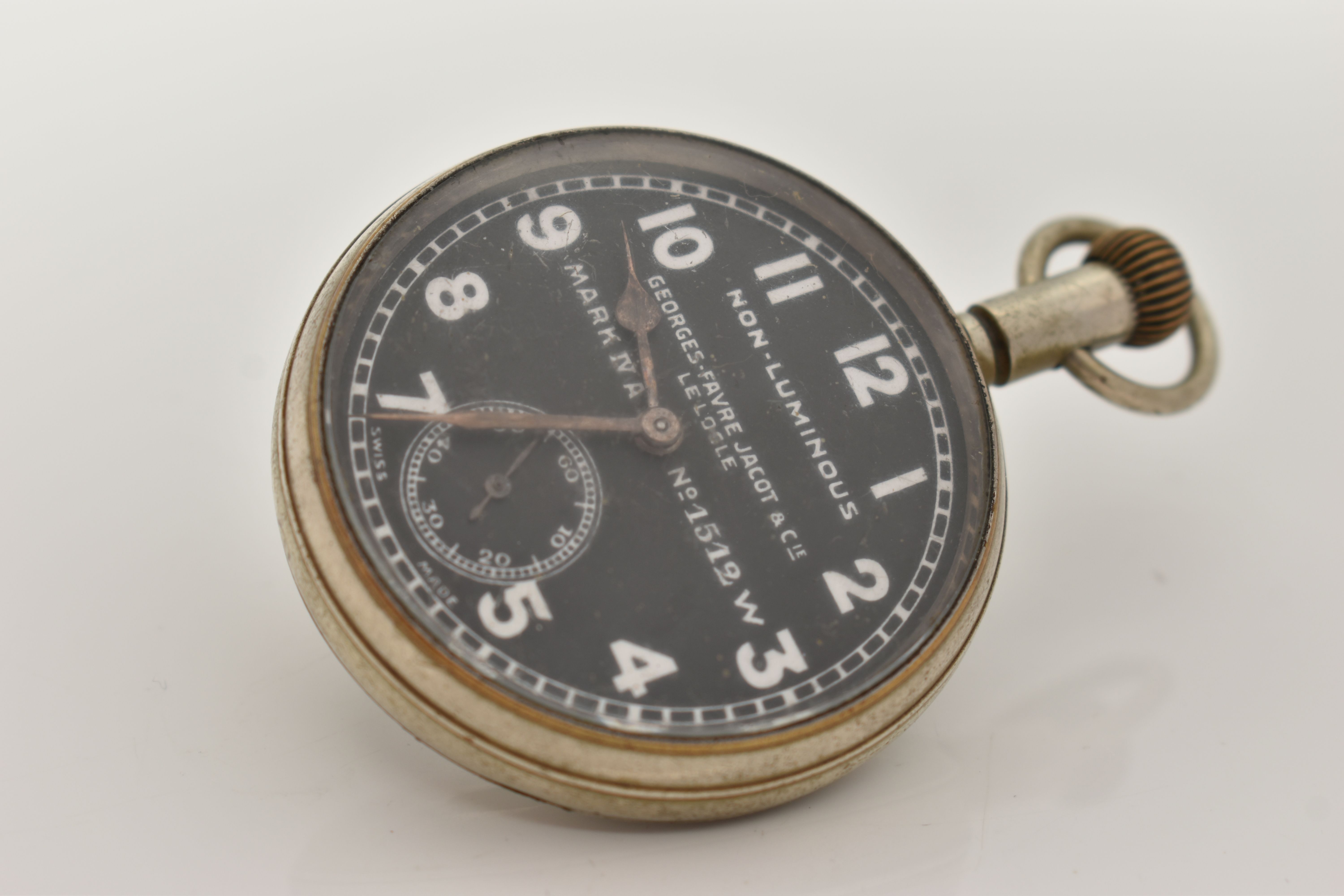 A MILITARY OPEN FACE POCKET WATCH, hand wound movement, black dial signed 'Georges-Favre Jacot & - Image 4 of 4