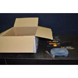 A BOX CONTAINING TEST EQUIPMENT AND HAND TOOLS including a Moore and Wright No 961B micrometre, a