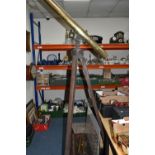 A LARGE BRASS VICTORIAN TELESCOPE ON A WOODEN TRIPOD STAND, with a wooden case and three lens,