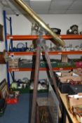 A LARGE BRASS VICTORIAN TELESCOPE ON A WOODEN TRIPOD STAND, with a wooden case and three lens,