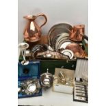 A BOX OF ASSORTED METAL WARE, to include a copper water jug, copper kettle and dish, a brass vase,